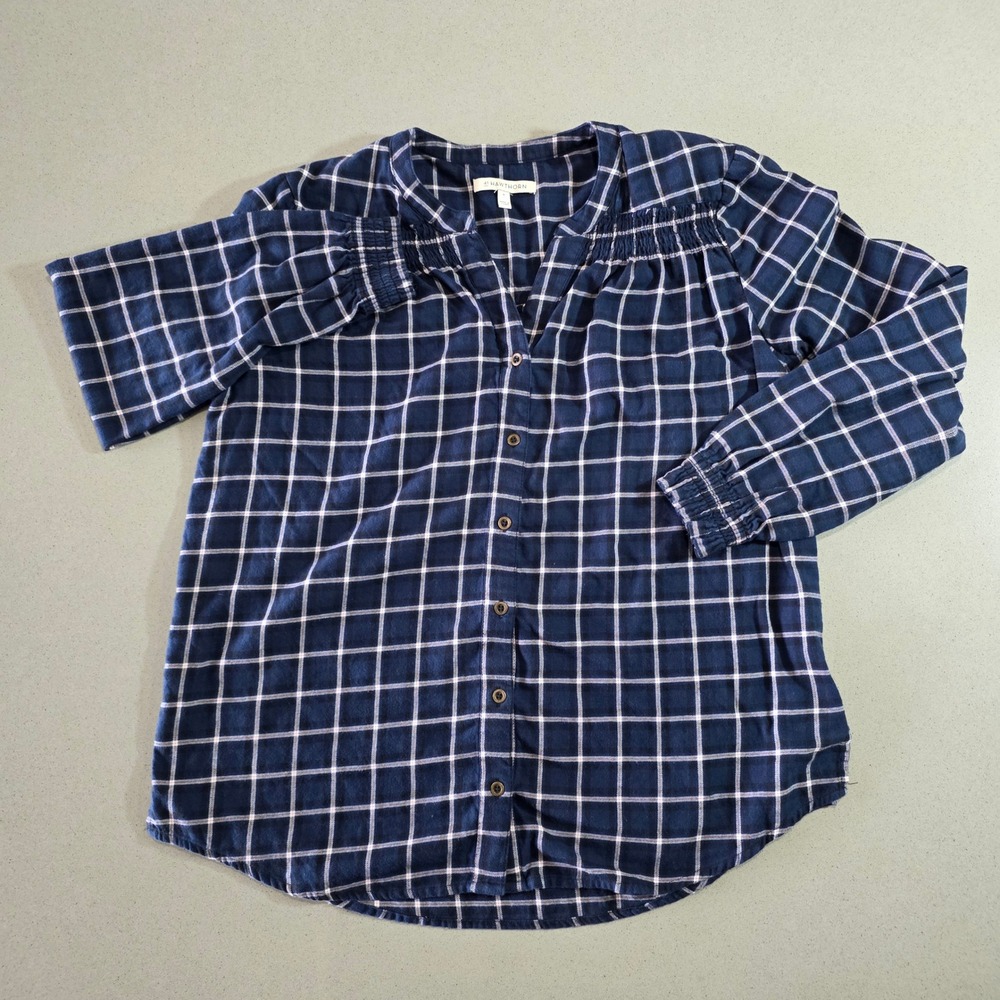 41 Hawthorn Navy Blue Plaid Smocked Button Down Blouse Size M
